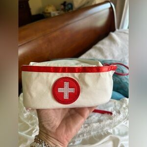 White and Red Nurse Hat Costume Accessory